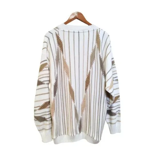 Vintage 80's Protegé Collection Men Sweater XL Cream Brown 3D Geometric Striped